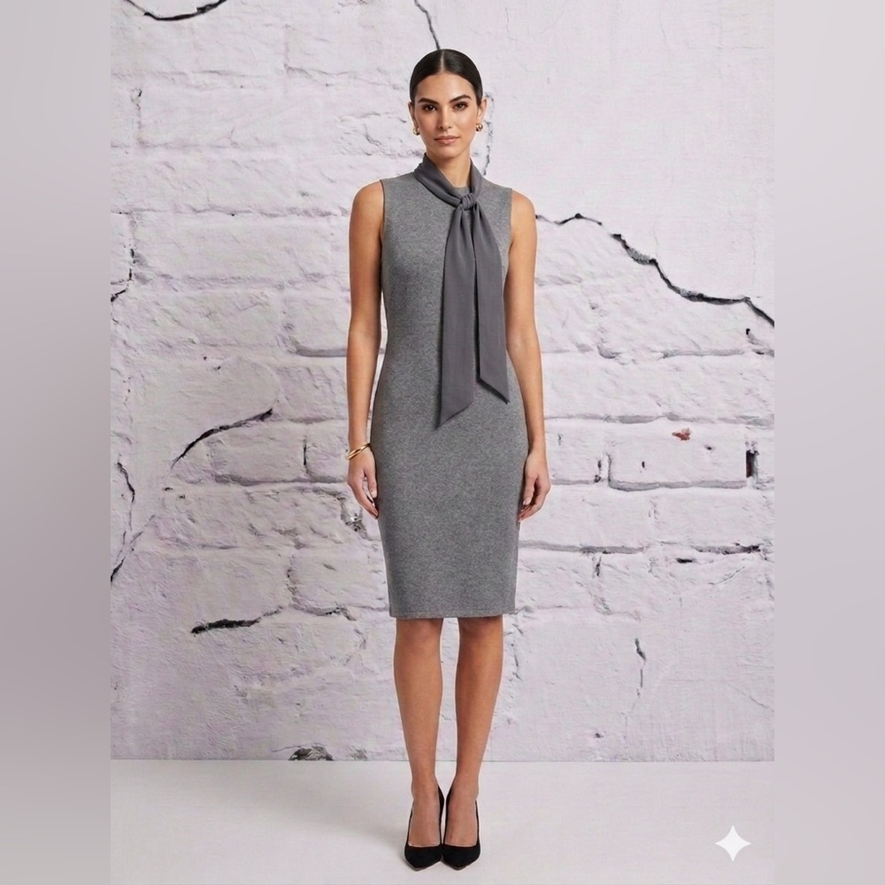 Alice + Olivia "Employed" Grey Sleeveless Knit Tie-Neck Scarf Midi Dress Sexy
